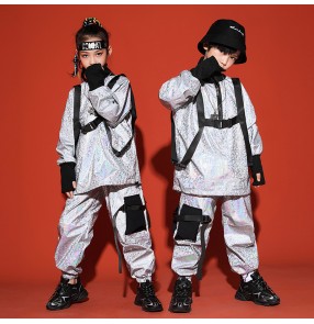  Children's Silver glitter Street  jazz Dance Costumes Boys rap Hip Hop dance Costume Girls Jazz Dance Trendy Costumes Children's Performance clothing 