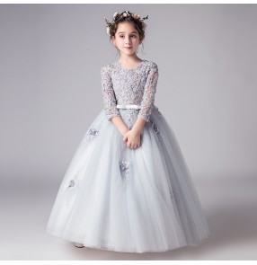Children's silver lace host show piano performance dress birthday princess fluffy skirt flower girl dresses