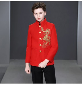 Children's singers red dragon suit Flower girl boy tunic Catwalk piano stage performance costume small host dress blazers