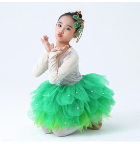 Children's stage performance pricness dresses grass costumes girls green princess dress sequins fluffy gauze tutu skirt little jasmine chorus performance costume