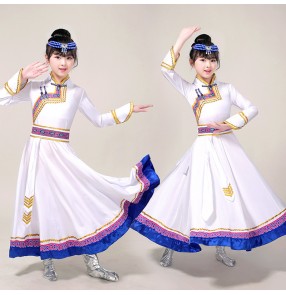 Children's white blue Mongolian dance costume Ethnic minority style Mongolian dress gown performance costume for girl