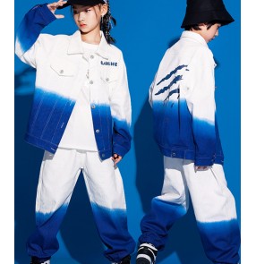 Children's White with blue gradient colored street hip-hop dance outfits childre drum performance costume model show catwalk rapper performance clothing