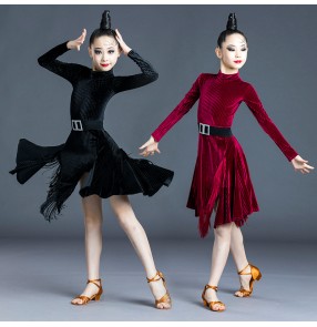 Children's wine black velvet  Latin dance dress for kids fringed girl practice clothes professional competition examination latin dance costumes for girls