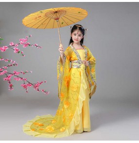 Children's yellow chinese folk dance dresses girls film cosplay empress dresses Chinese Tang Dynasty fairy princess Hanfu empress stage catwalk performance costume
