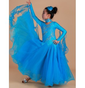 Children's yellow greeen blue ballroom dancing dresses girls National standard professional dance skirt competition dress Children's modern long sleeves ballroom dance skirt