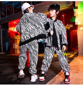 Children's zebra printed street hip-hop dance suit boys hip-hop tide clothes children hiphop girls jazz dance costumes model show catwalk outfits