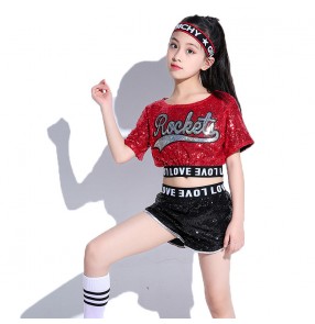 Children Sequin jazz dance costumes for boys girls kindergarten red green blue sequined chorus hiphop rap street dance outfits dance cheerleading costumes