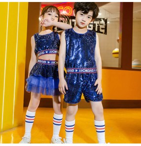 Children Street jazz Dance hip-hop Costumes girls boys school cheerleading dress silver red fuchsia blue sequins kindergarten pettiskirt kids princess jazz dance dresses