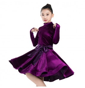 Children velvet latin ballroom competition dance dresses long sleeves stage performance samba salsa chacha dance dress