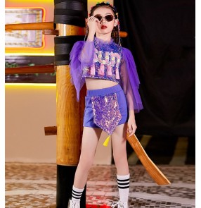 Children Violet sequined hiphop jazz dance costumes catwalk fashion street dance clothes for girls rapper gogo dancers model show sequin performance outfits