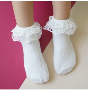 Children white lace stage performance short socks ballroom Latin dance girls baby princess white lace socks dance socks cotton