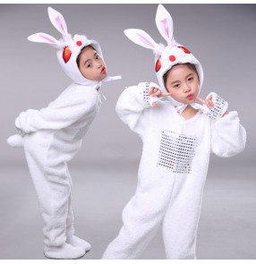  Children White plush Bunny cosplay performance Costume for girls rabbit animal cartoon performance rompers kindergarten toddlers dance costume one-piece