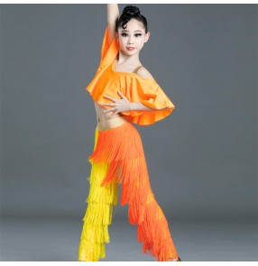 Children yellow with orange fringe latin dance clothing girls latin outfits salsa stage performance tops and layers tassels pants dancewear