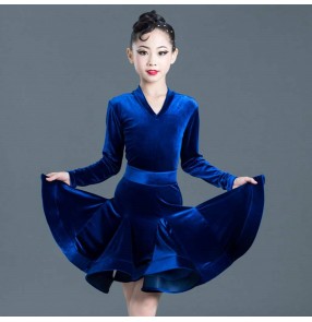 Chilren velvet long sleeves latin dance dress red black royal blue salsa chacha latin dance costumes for kids 