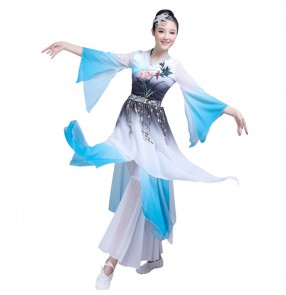 China ancient traditional yangko fan dance dress for women female blue gradient colored fan umbrella dance clothes dresses