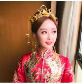 China wedding party brides headdress gold colored empress princess ancient traditional jewelry cosplay hair accessories hairpin