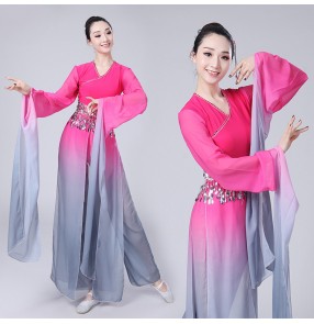 Chinese ancient Chinese folk dance costumes fairy classical stage performance pink gradient water fall sleeves yangko fan dancing cosplay dresses clothes