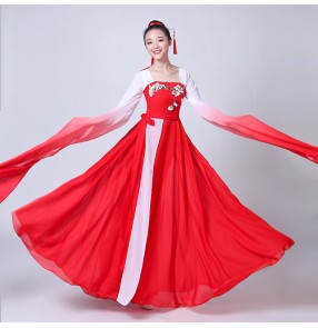 Chinese ancient chinese folk dance costumes fairy yangko fan dance water fall sleeves red gradient colored traditional stage performance cosplay dancing dresses