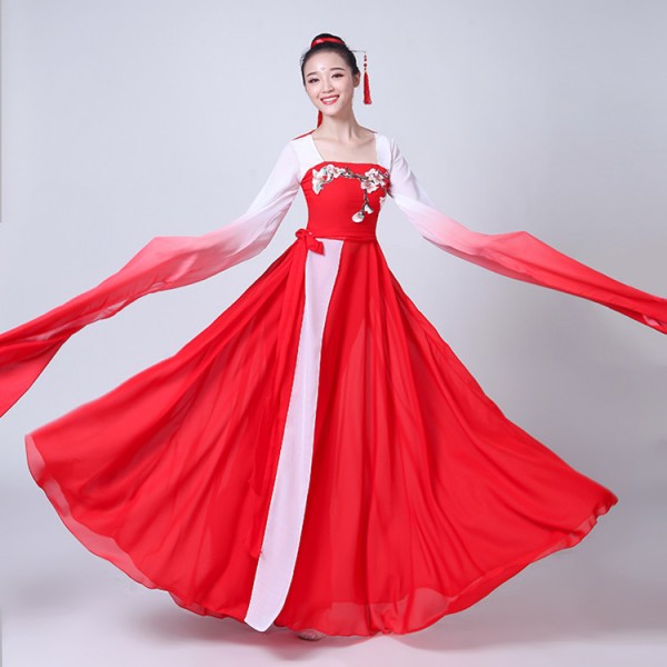 Chinese Ancient Folk Dance Costumes Fairy Yangko Fan Ancient Chinese Folk Dance Costumes Fairy Yangko Fan Water Fall Sleeves Red Grant Colored Traditional Stage Performance Cosplay Dancing Dresses