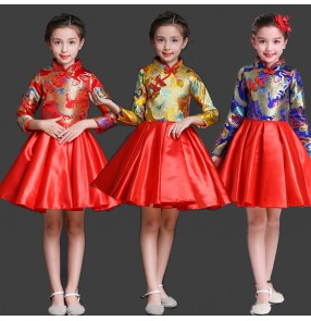 Chinese ancient dragon tang suit for girls boys host choir drummer performance costumes dress jacket dress suit flower girl dress Tang suit