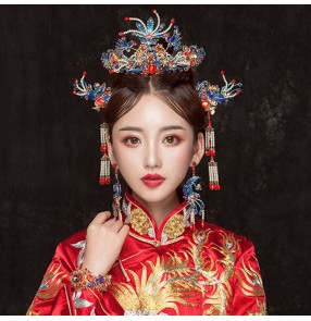 Chinese ancient traditional brides photos crown empress princess cosplay wedding party headdress phoenix hairpin hair jewelry 