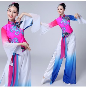 Chinese ancient traditional dance costumes  for women female pink with royal blue stage performance yangko fairy cosplay group fan dancing dresses