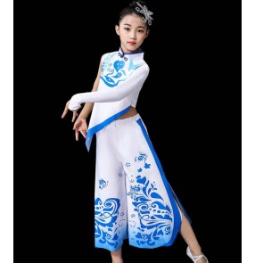 Chinese Classical dance performance costume for girls kids fan umbrella dance dress blue and white porcelain performance costumes yangko dance dress