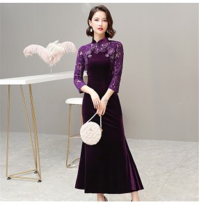 Chinese dress china qipao dress for women royal blue purple Long hollow stitching lace velvet cheongsam Everyday big swing cheongsam dress