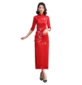 Chinese Dress China Traditional Qipao Dress pink green red Oriental Style Cheongsam Dress Miss Etiquette Model Show Performance Dress