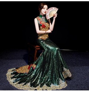 Chinese dress chinese banquet model show trailing dress wedding dress traditional qipao dress dark green sequin trailing dress 