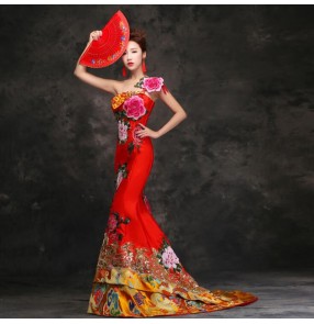 Chinese dress chinese retro qipao dress flowers dragon traditional wedding party bride trailing evening dresses