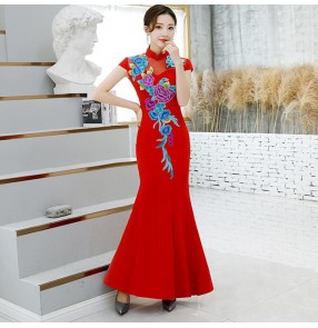 Chinese dress flowers qipao dress oriental style cheongsam china dress model show stage performance memaid dress