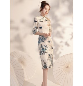 Chinese dress for women girls retro oriental qipao dress butterfly printed fairy chinese traditional gown mid-sleeve cheongsam everyday retro cheongsam