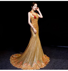 Chinese dress gold sequin qipao dress oriental chinese wedding party bride mermaid dress model show performance photography trailing dress