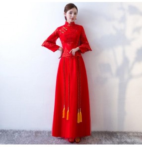 Chinese dress lace china wedding dress qipao dress stage performance model show miss etiquette performance dress