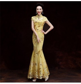 Chinese dress lace qipao dress oriental evening dresses costail mermaid dress host singers miss etiquette performance dress