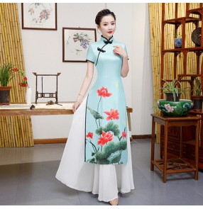 Chinese dress lotus printed qipao retro oriental women's cheongsam dress model miss etiquette stage performance dress