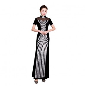 Chinese dress qipao Women's black velvet with sequins oriental chinese traditional dress cheongsam miss etiquette host singers evening party dress