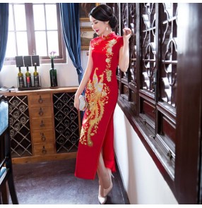 Chinese dress red with gold poenix pattern qipao dress oriental cheongsam dress stage performance photos dress