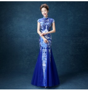 Chinese dress royal blue printed china chinese traditional qipao dress host model show miss etiquette stage performance evening party dress