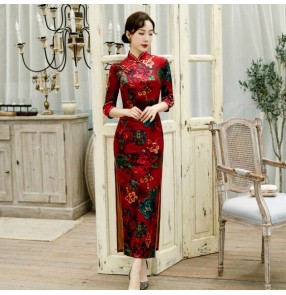 Chinese dress velvet floral printed oriental chinese qipao derss cheongsam model show performing dress