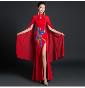 Chinese dress women's qipao dress with phoenix pattern oriental traditional performance photos dresses