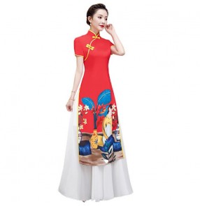 Chinese dress yellow red chinese traditional qipao dress oriental style cheongsam dress model show performance dress