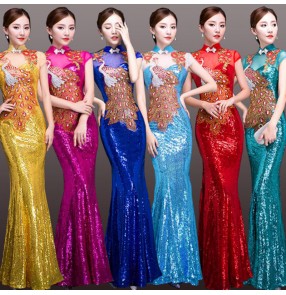 Chinese dresse qipao retro oriental dress sequins peacock pattern mermaid floor length cocktail evening party host model show dress