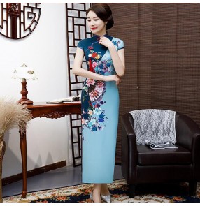 Chinese dresses blue qipao dress traditional china cheongsam orinetal dress model show stage performance host dress