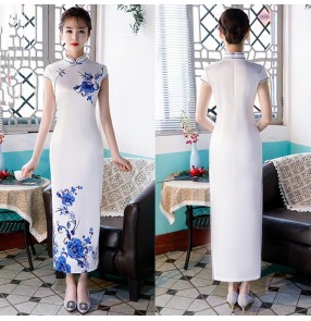 Chinese dresses china traditional qipao dresses oriental cheongsam dress for women white with blue show host miss etiquette cheongsam dresses