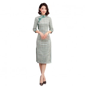 Chinese dresses qipao dress oriental Literary plaid cheongsam girl improved mid-sleeve slim mid-length daily cheongsam