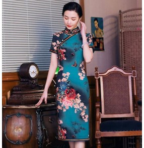 Chinese dresses traditional chinese qipao dress dark green floral retro oriental dresses show photos miss etiquette dresses for women