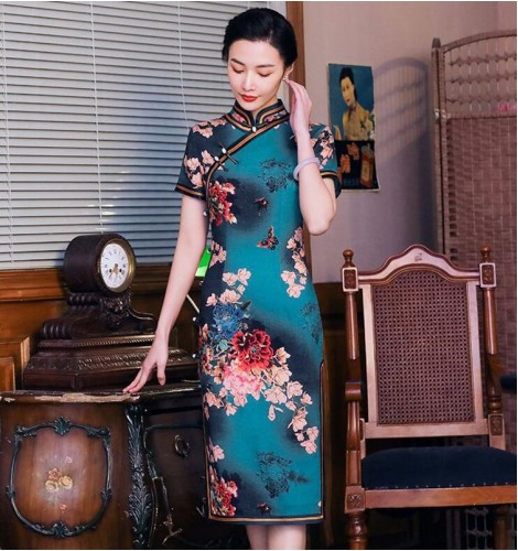 Chinese dresses traditional chinese qipao dress dark green floral retro ...