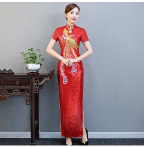 Chinese dresses traditional chinese qipao dresses red sequin wih phoenix pattern miss etiquette car model stage performance cheongsam dresses